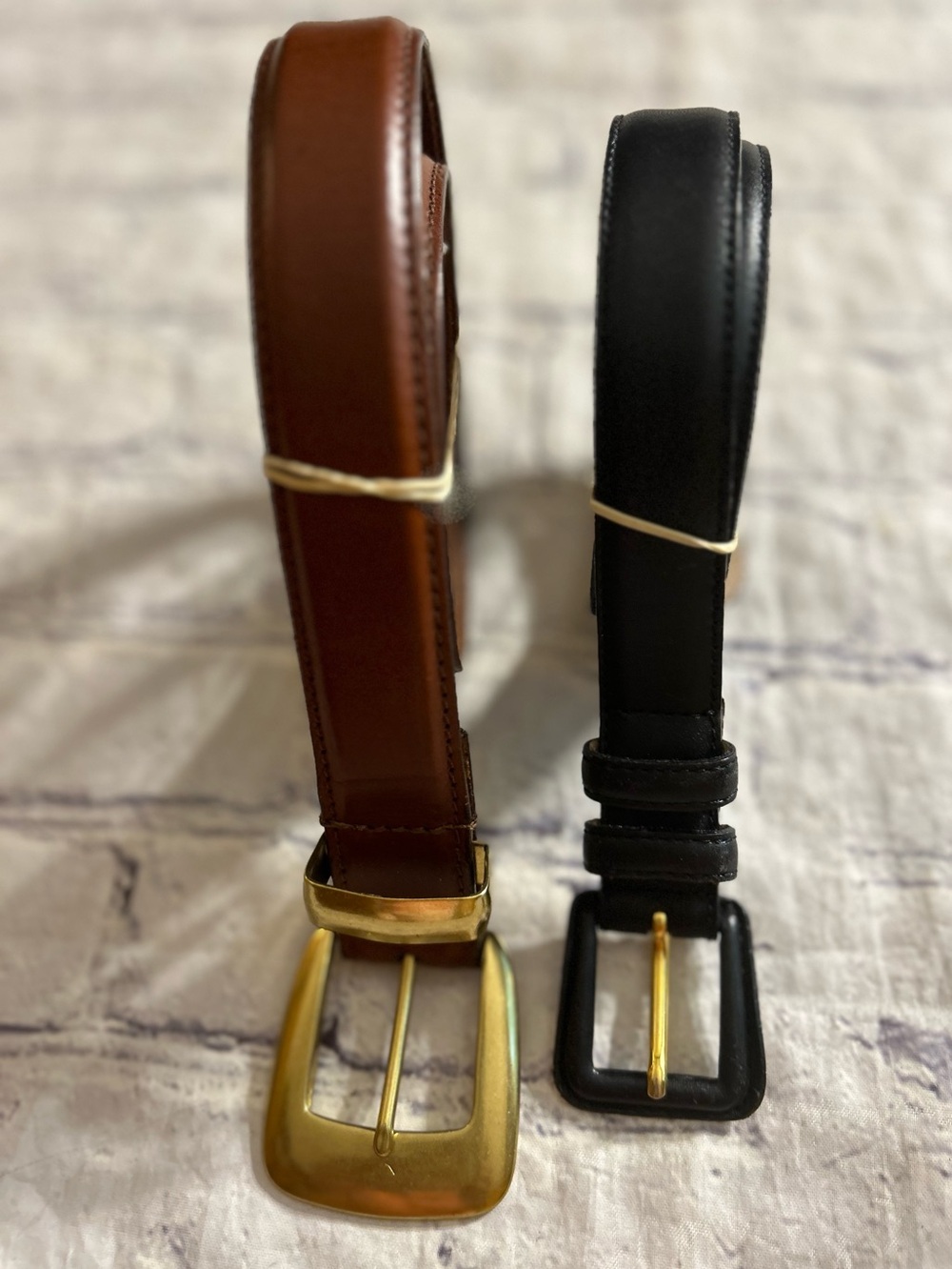 ITALIAN LEATHER BROWN WITH GOLD TONE BRASS BUCKLE & TALBOTS BLACK LEATHER BELTS